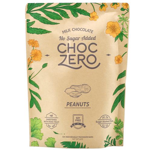 ChocZero Inc, Milk Chocolate, Peanuts, No Sugar Added, 6 Bars, 1 oz Each فوائد