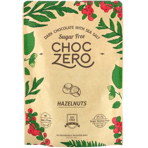 ChocZero Inc, Dark Chocolate With Sea Salt, Hazelnuts, Sugar Free, 6 Bars, 1 oz Each فوائد
