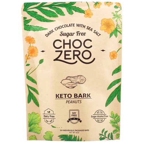 ChocZero Inc, Dark Chocolate With Sea Salt Keto Bark, Peanuts, Sugar Free, 6 Bars, 1 oz Each فوائد