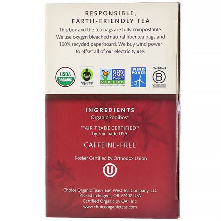 Choice Organic Teas, Herbal Tea, Organic, Rooibos, Caffeine-Free, 16 Tea Bags, 1.12 oz (32 g):شاي الأعشاب, شاي Rooibos