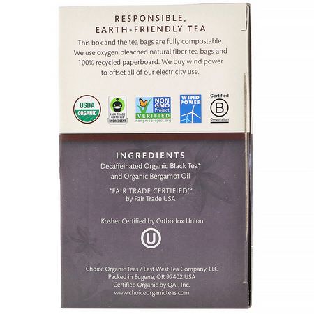 Choice Organic Teas, Organic Decaffeinated Earl Grey, Decaf Black Tea, 16 Tea Bags, 1.12 oz (32 g):شاي أس,د, شاي إيرل غراي