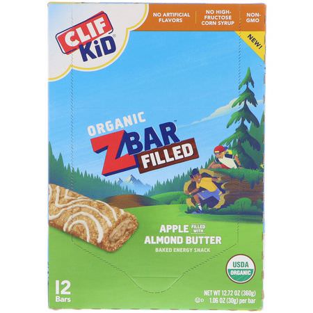 Clif Bar, Clif Kid, Organic ZBar Filled, Apple Filled with Almond Butter, 12 Bars, 1.06 oz (30 g) Each:وجبات خفيفة, Bars