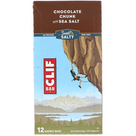 Clif Bar, Energy Bars, Chocolate Chunk with Sea Salt, 12 Bars, 2.40 oz (68 g) Each:قضبان الطاقة, قضبان الرياضة
