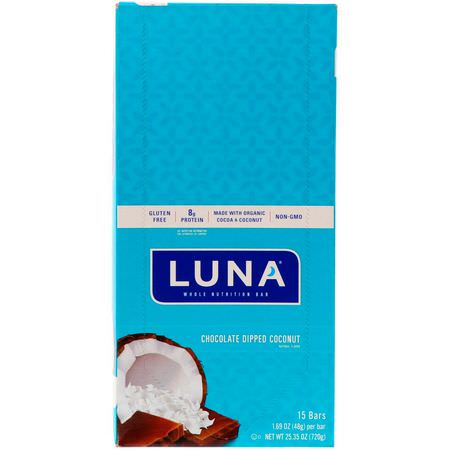 Clif Bar, Luna, Whole Nutrition Bar for Women, Chocolate Dipped Coconut, 15 Bars, 1.69 oz (48 g) Each:الحانات الغذائية