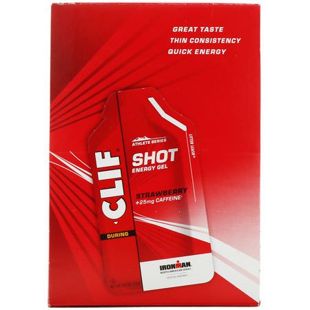 Clif Bar, Shot Energy Gel, Strawberry + 25 mg Caffeine, 24 Packets, 1.2 oz (34 g) Each:الكافيين, المنبه