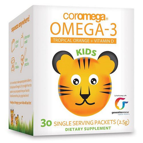 Coromega, Kids, Omega-3, Tropical Orange + Vitamin D, 30 Single Serving Packets (2.5 g) فوائد
