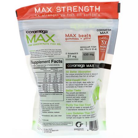 Coromega, Max, High Concentrate Omega-3 Fish Oil, Coconut Bliss, 2,400 mg, 60 Squeeze Shots, 2.5 g Each:زيت السمك أوميغا 3, EPA DHA