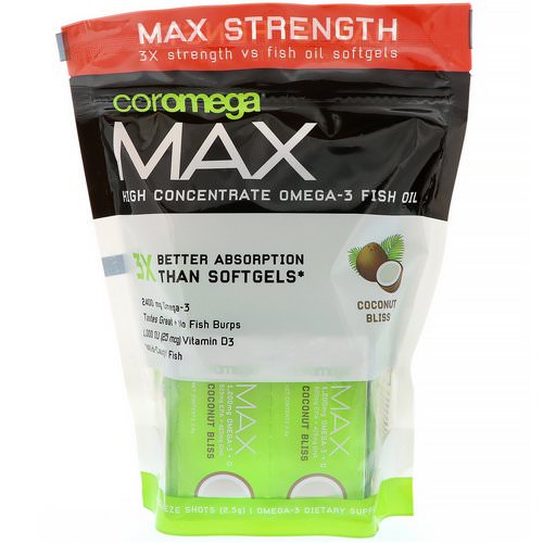 Coromega, Max, High Concentrate Omega-3 Fish Oil, Coconut Bliss, 2,400 mg, 60 Squeeze Shots, 2.5 g Each فوائد