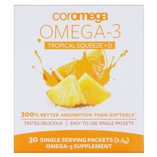 Coromega, Omega-3 Squeeze + Vit D, Tropical Orange, 30 Single Serving Packets, 2.5 g Each فوائد