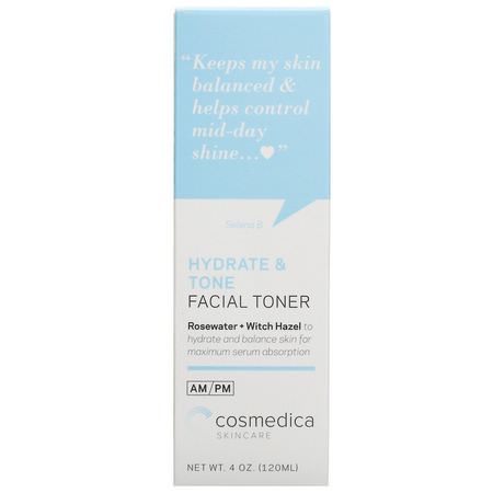 Cosmedica Skincare, Hydrate & Tone Facial Toner, Rosewater + Witch Hazel, 4 oz (120 ml):Witch Hazel, ماكياج الحبرs