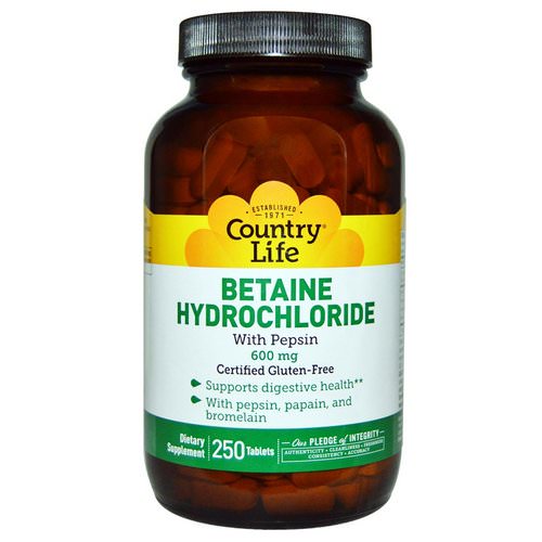 Country Life, Betaine Hydrochloride, with Pepsin, 600 mg, 250 Tablets فوائد