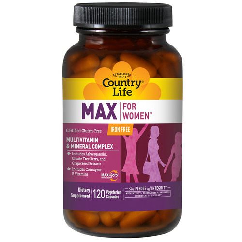 Country Life, Max, for Women, Multivitamin & Mineral Complex, Iron Free, 120 Veggie Caps فوائد