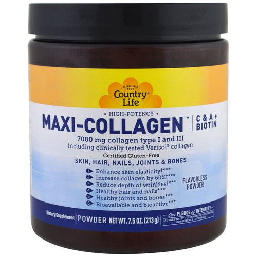 Country Life, Maxi-Collagen, C & A plus Biotin, High Potency, Flavorless Powder, 7.5 oz (213 g) فوائد