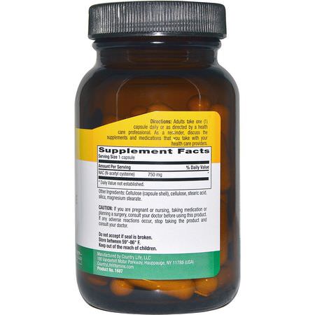 Country Life, NAC, N-Acetyl Cysteine, 750 mg, 60 Veggie Caps:N-Acetyl Cysteine ​​NAC, مضادات الأكسدة