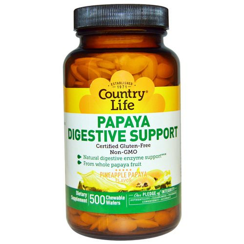 Country Life, Papaya Digestive Support, Pineapple Papaya Flavor, 500 Chewable Wafers فوائد