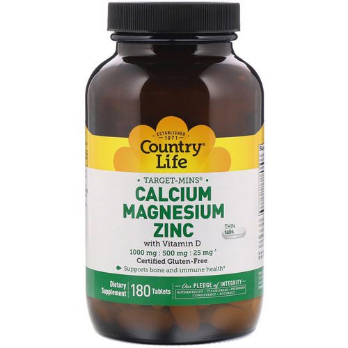 Country Life, Target-Mins, Calcium Magnesium Zinc, 1000 mg / 500 mg / 25 mg, 180 Tablets فوائد