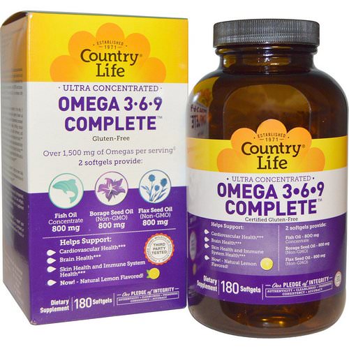 Country Life, Ultra Concentrated Omega 3-6-9 Complete, Natural Lemon, 180 Softgels فوائد