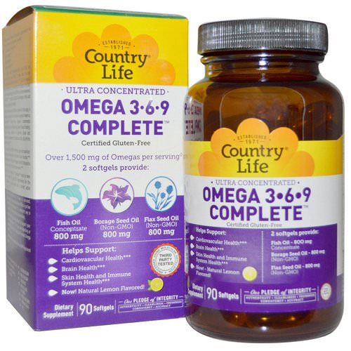 Country Life, Ultra Concentrated Omega 3-6-9 Complete, Natural Lemon, 90 Softgels فوائد