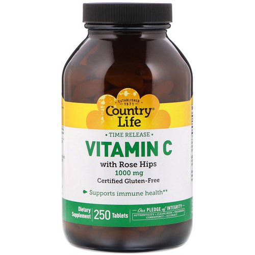 Country Life, Vitamin C, with Rose Hips, 1000 mg, 250 Tablets فوائد