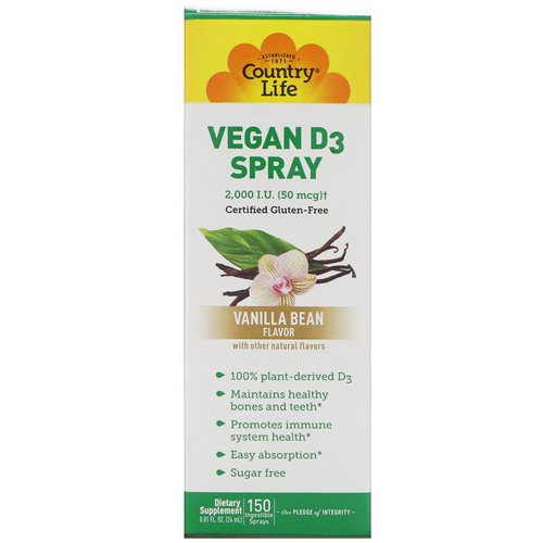 Country Life, Vitamin D3 Spray, Vanilla Bean Flavor, 2,000 I.U. (50 mcg), 150 Ingestible Sprays, 0.81 fl oz (24 ml) فوائد