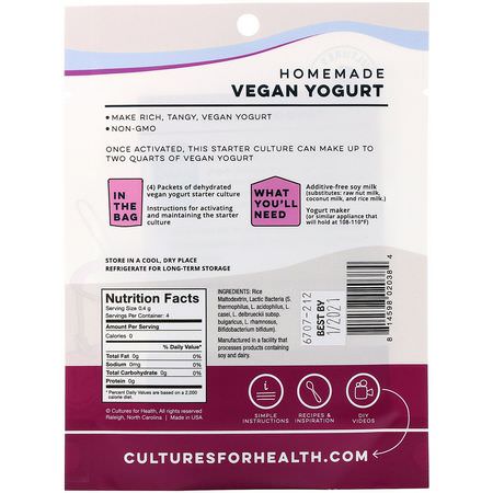 Cultures for Health, Vegan Yogurt, 4 Packets, .06 oz (1.6 g):الخل ,الزي,ت