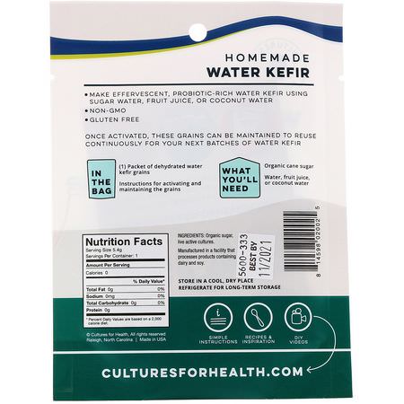 Cultures for Health, Water Kefir, 1 Packet, .19 oz (5.4 g):الحليب, ماء ج,ز الهند