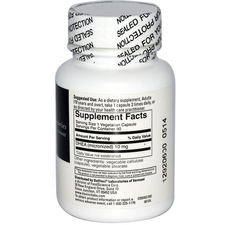DaVinci Laboratories of Vermont, Micronized DHEA, 10 mg, 90 Capsules:DHEA, المكملات الغذائية