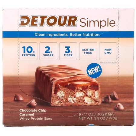 Detour, Simple, Whey Protein Bars, Chocolate Chip Caramel, 9 Bars, 1.1 oz (30 g) Each:أشرطة بر,تين مصل, أشرطة البر,تين