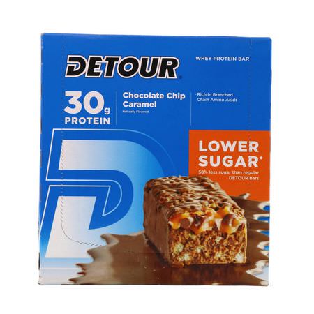 Detour, Whey Protein Bar, Chocolate Chip Caramel, 12 Bars, 3 oz (85 g) Each:أشرطة بر,تين مصل, أشرطة البر,تين
