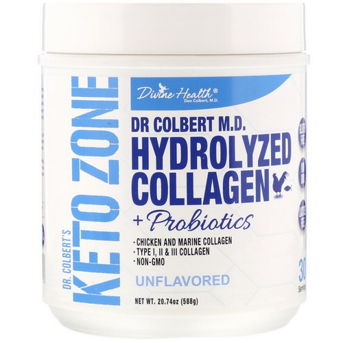 Divine Health, Dr. Colbert's Keto Zone, Hydrolyzed Collagen Plus Probiotics, Unflavored, 20.74 oz (588 g) فوائد