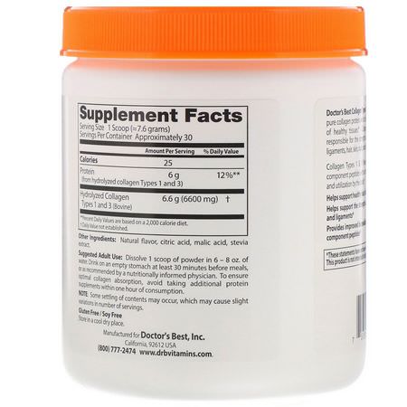Doctor's Best, Collagen, Types 1 and 3 Powder, Peach Flavored, 8.1 oz (228 g):مكملات الك,لاجين, المفصل