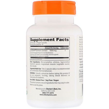 Doctor's Best, Enhanced Bioavailability Turmeric Plus Fenugreek, 500 mg, 90 Veggie Caps:الكركمين, الكركم