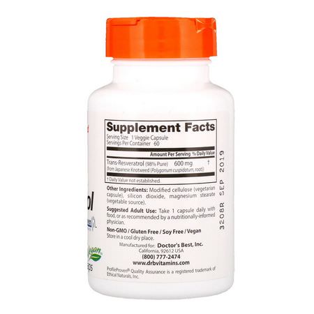 Doctor's Best, High Potency Trans-Resveratrol, 600 mg, 60 Veggie Caps:ريسفيراتر,ل, مضادات الأكسدة