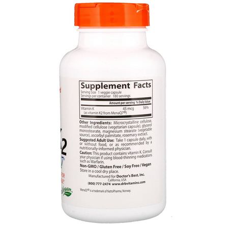 Doctor's Best, Natural Vitamin K2 MK-7 with MenaQ7, 45 mcg, 180 Veggie Caps:فيتامين K, الفيتامينات