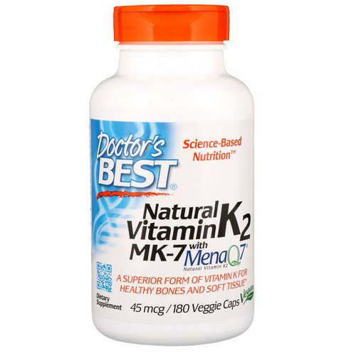 Doctor's Best, Natural Vitamin K2 MK-7 with MenaQ7, 45 mcg, 180 Veggie Caps فوائد