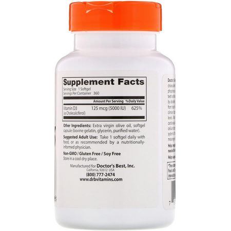Doctor's Best, Vitamin D3, 125 mcg (5000 IU), 360 Softgels:D3 Cholecalciferol, فيتامين د