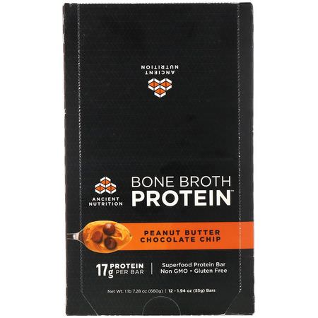 Dr. Axe / Ancient Nutrition, Bone Broth Protein Bar, Peanut Butter Chocolate Chip, 12 Bars, 1.94 oz (55 g) Each:Bone Broth, Joint