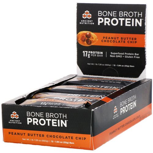 Dr. Axe / Ancient Nutrition, Bone Broth Protein Bar, Peanut Butter Chocolate Chip, 12 Bars, 1.94 oz (55 g) Each فوائد