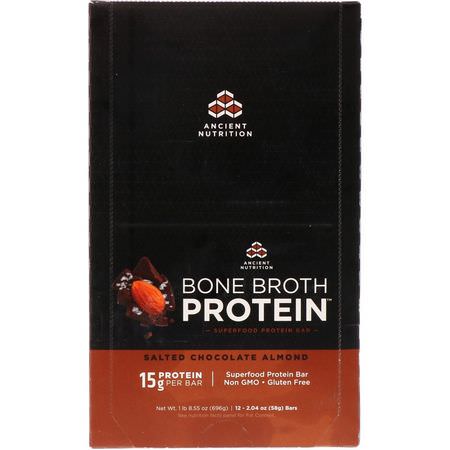 Dr. Axe / Ancient Nutrition, Bone Broth Protein Bar, Salted Chocolate Almond, 12 Bars, 2.04 oz (58 g) Each:أشرطة بر,تين مصل, أشرطة البر,تين
