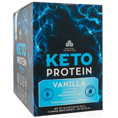 Dr. Axe / Ancient Nutrition, Keto Protein, Ketogenic Performance Fuel, Vanilla, 15 Single Serve Packets, 1.09 oz (31 g) Each فوائد