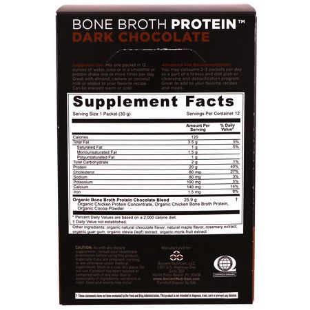 Dr. Axe / Ancient Nutrition, Organic Bone Broth Protein, Dark Chocolate, 12 Single Serve Packets, 1.06 oz (30 g) Each:بر,تين الدجاج, البر,تين الحي,اني