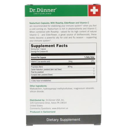 Dr. Dunner, USA, Nasturtium Capsules, With Rosehip, Elderflower and Vitamin C, 60 Vegan Capsules:Immune, أنفلونزا