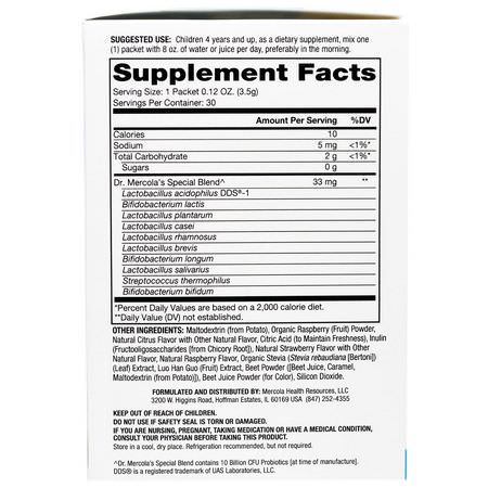 Dr. Mercola, Complete Probiotics Powder Packets for Kids, Natural Raspberry Flavor, 30 Packets, 0.12 oz (3.5 g) Each:بر,بي,تيك الأطفال, الصحة