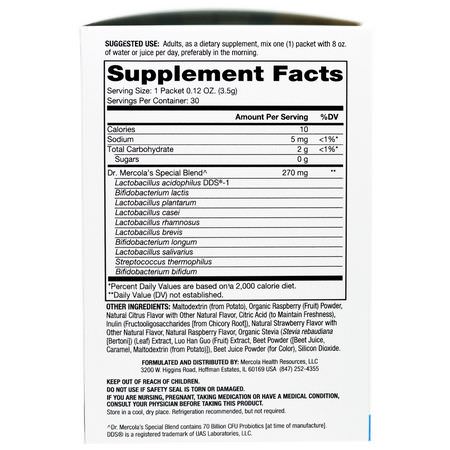 Dr. Mercola, Complete Probiotics Powder Packets, Natural Raspberry Flavor, 30 Packets, 0.12 oz (3.5 g) Each:البر,بي,تيك, الهضم