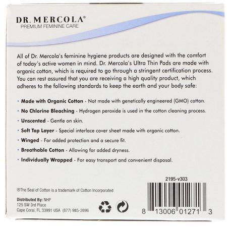 Dr. Mercola, Organic Cotton Ultra Thin Pads, Daytime with Wings, 10 Pads:,سادات يمكن التخلص منها,سادات أنث,ية