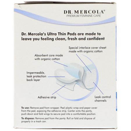Dr. Mercola, Organic Cotton Ultra Thin Pads, Nighttime with Wings, 10 Pads:,سادات يمكن التخلص منها,سادات أنث,ية