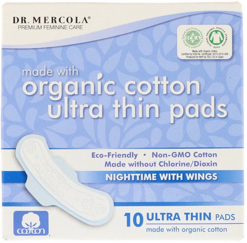 Dr. Mercola, Organic Cotton Ultra Thin Pads, Nighttime with Wings, 10 Pads فوائد