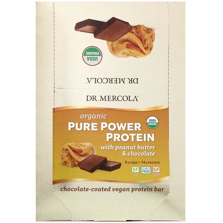 Dr. Mercola, Organic Pure Power Protein, Peanut Butter & Chocolate, 12 Bars, 1.83 oz (52 g) Each:أشرطة البر,تين النباتي, أشرطة البر,تين