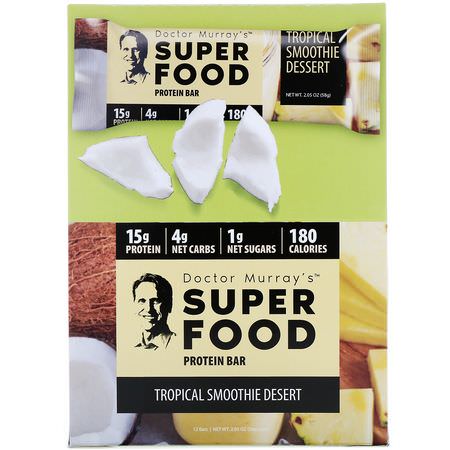 Dr. Murray's, Superfood Protein Bars, Tropical Smoothie Dessert, 12 Bars, 2.05 oz (58 g) Each:أشرطة بر,تين مصل, أشرطة البر,تين