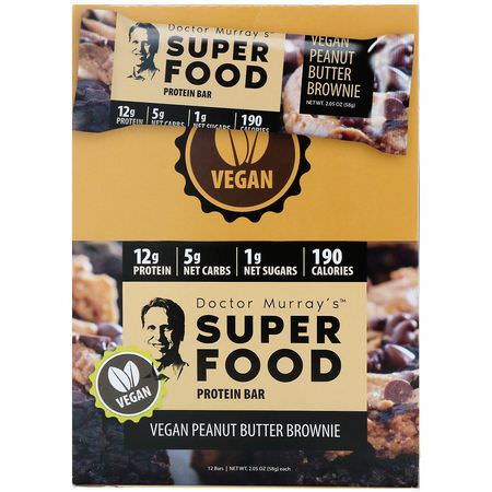 Dr. Murray's, Superfood Protein Bars, Vegan Peanut Butter Brownie, 12 Bars, 2.05 oz (58 g) Each:أشرطة البر,تين النباتي, أشرطة البر,تين